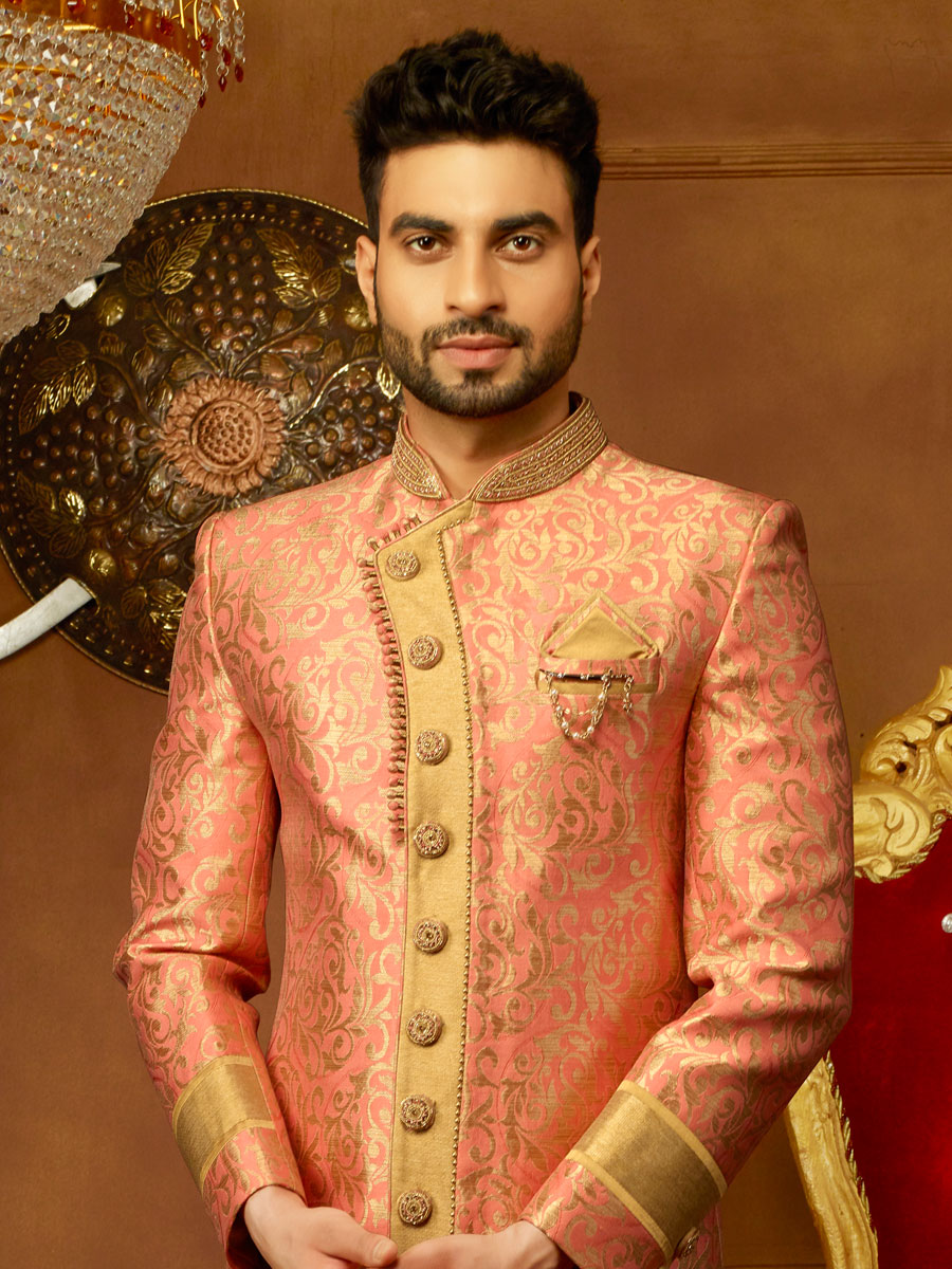 Wheat Brown And Pink Orange Jacquard Silk And Brocade Embroidered Wedding Sherwani