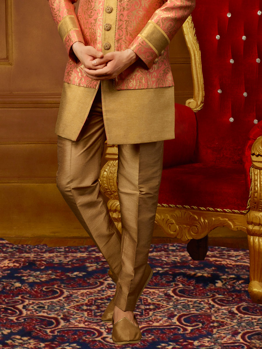 Wheat Brown And Pink Orange Jacquard Silk And Brocade Embroidered Wedding Sherwani