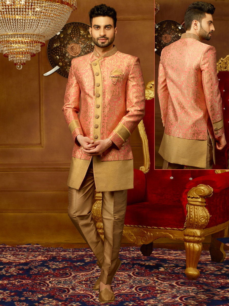 Wheat Brown And Pink Orange Jacquard Silk And Brocade Embroidered Wedding Sherwani