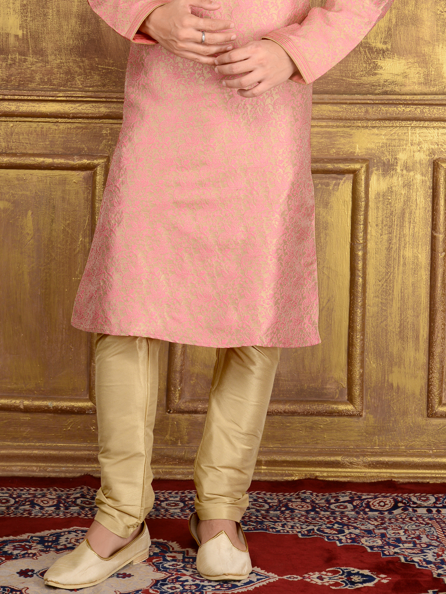 Lavender Pink Jacquard Silk And Brocade Festival Embroidered Kurta