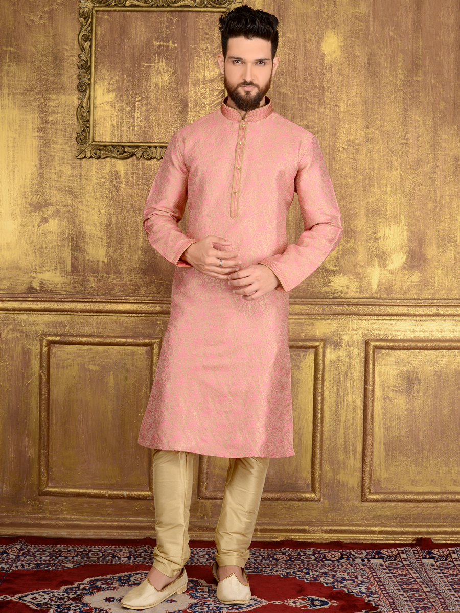 Lavender Pink Jacquard Silk And Brocade Festival Embroidered Kurta