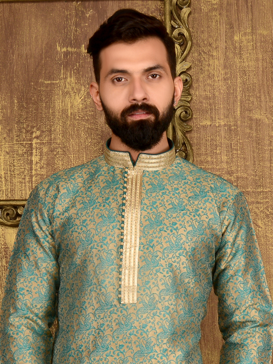 Tea Green Jacquard Silk And Brocade Festival Embroidered Kurta