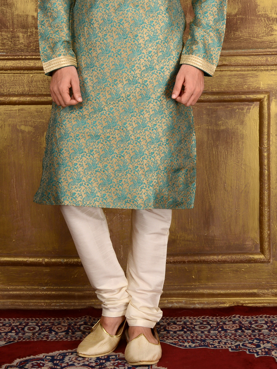 Tea Green Jacquard Silk And Brocade Festival Embroidered Kurta