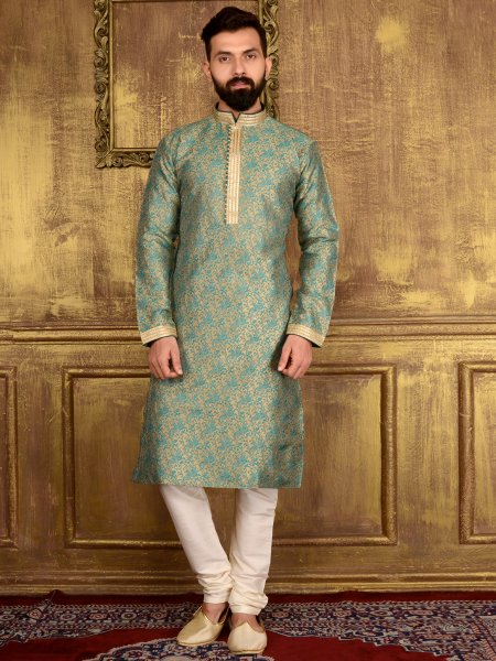 Tea Green Jacquard Silk And Brocade Festival Embroidered Kurta