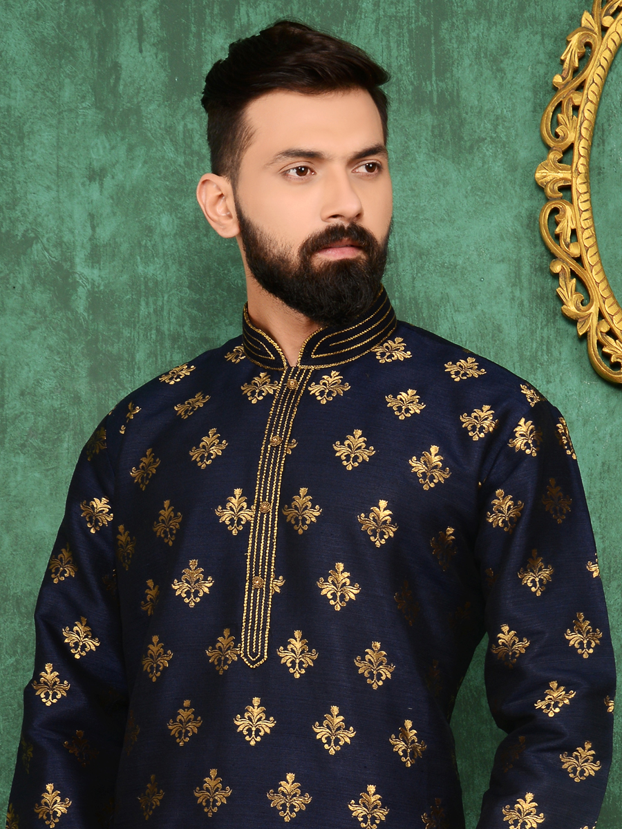Midnight Blue Jacquard Silk And Brocade Festival Embroidered Kurta