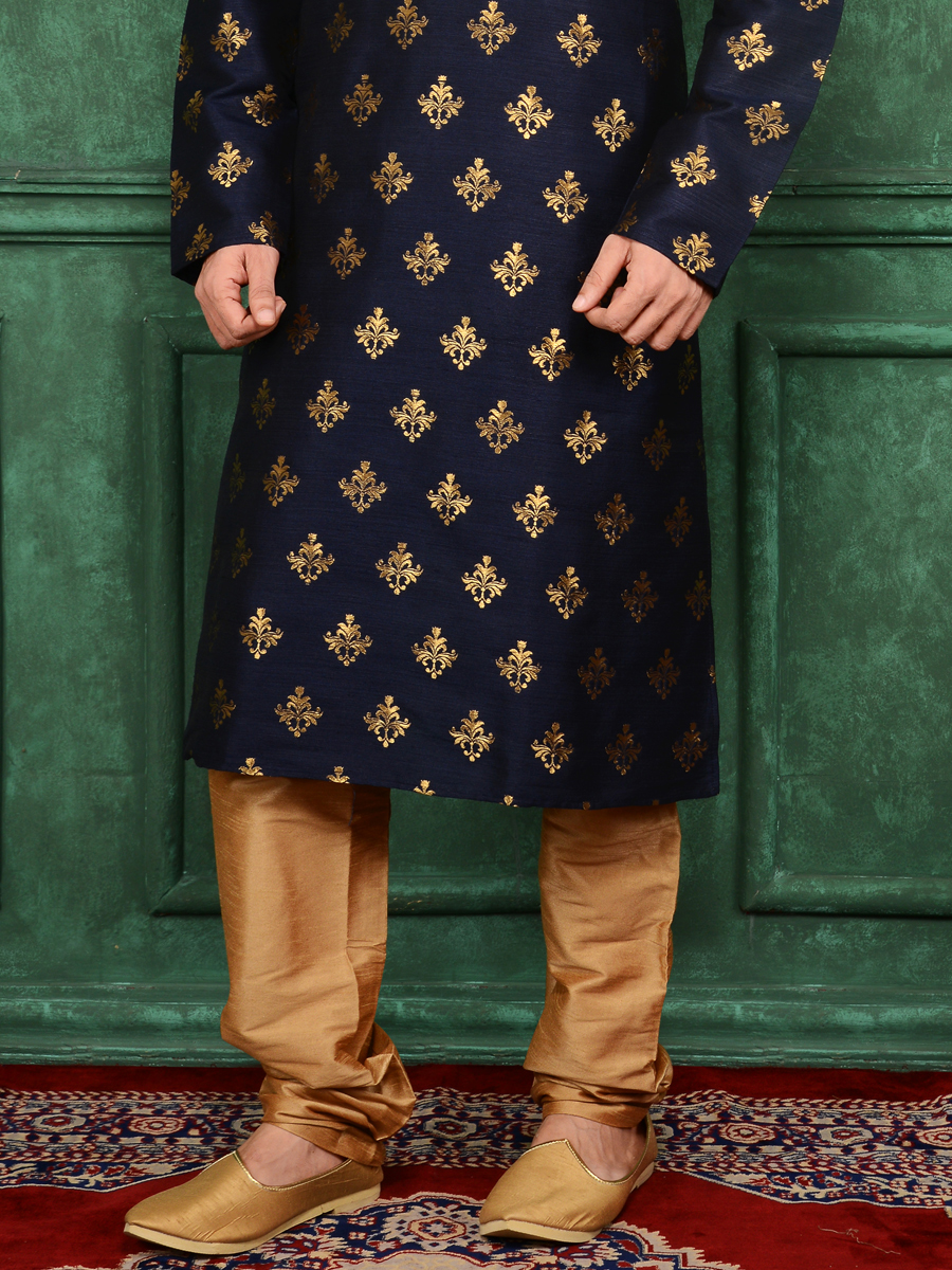 Midnight Blue Jacquard Silk And Brocade Festival Embroidered Kurta