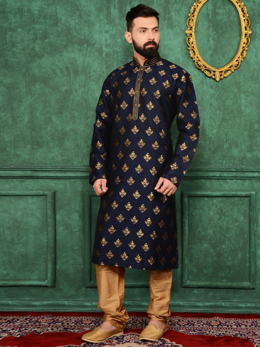 Midnight Blue Jacquard Silk And Brocade Festival Embroidered Kurta