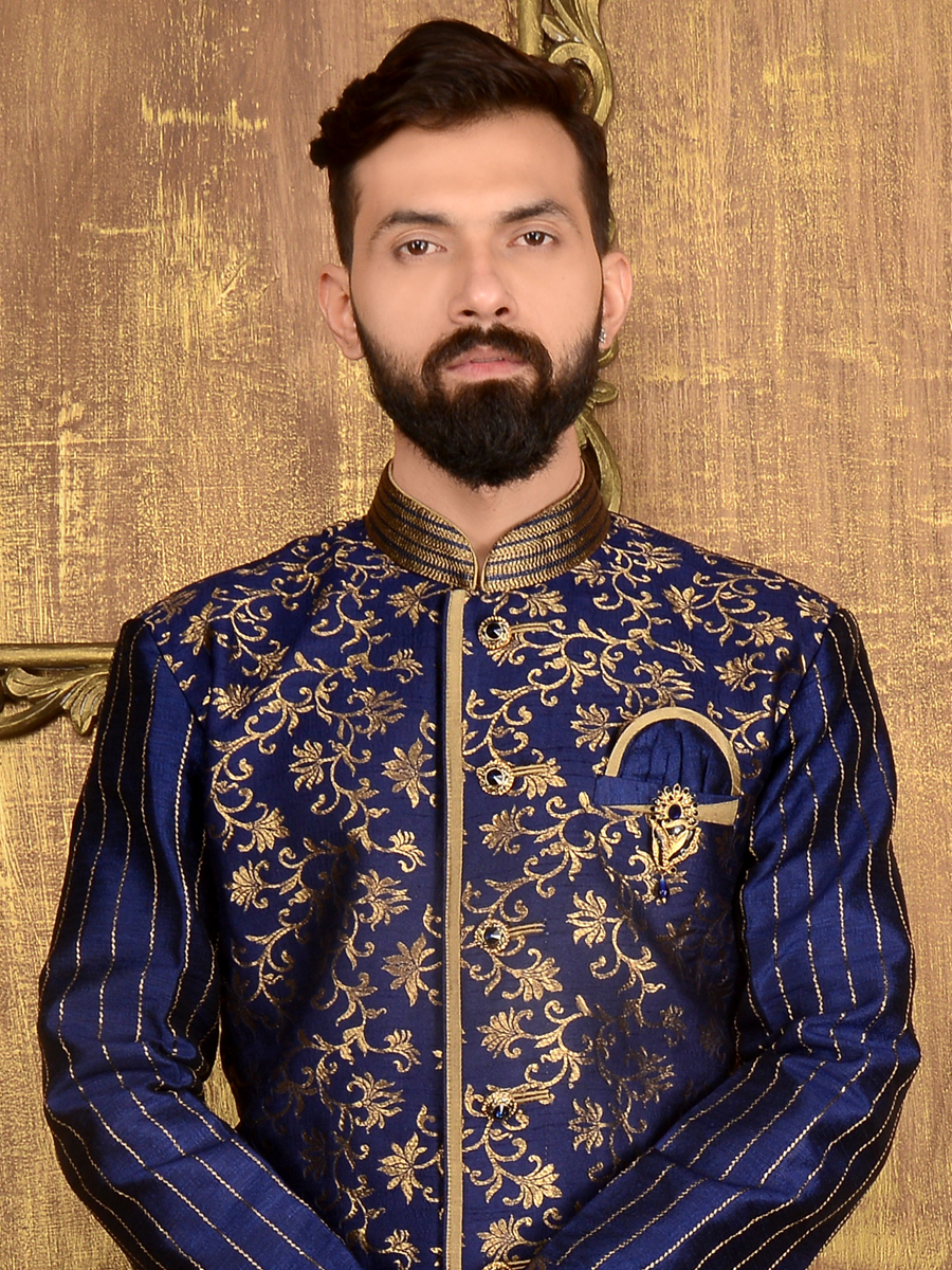 Sapphire Blue Jacquard and Brocade Silk Wedding Embroidered Sherwani