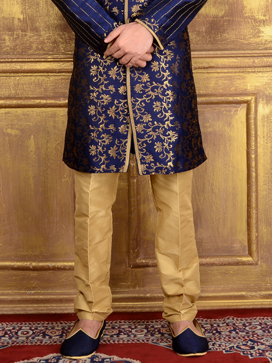 Sapphire Blue Jacquard and Brocade Silk Wedding Embroidered Sherwani