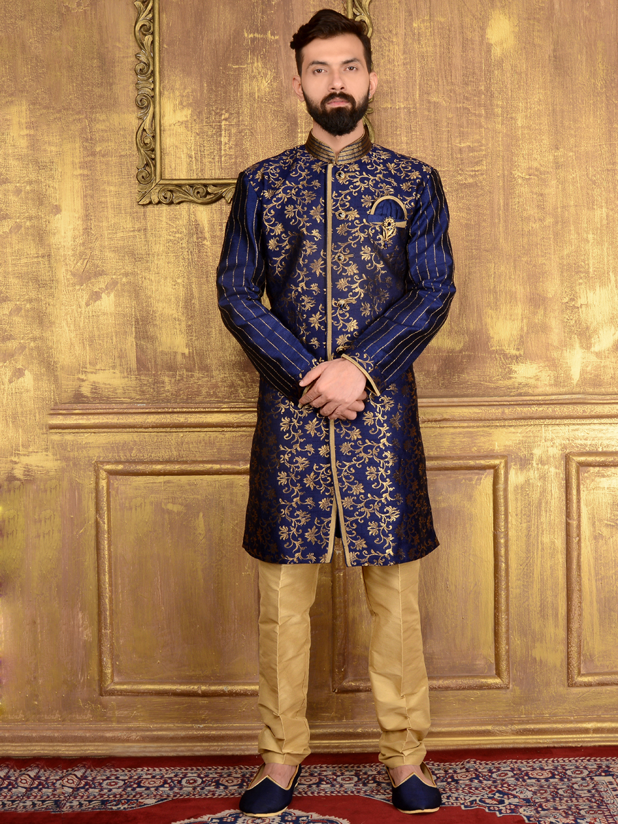 Sapphire Blue Jacquard and Brocade Silk Wedding Embroidered Sherwani