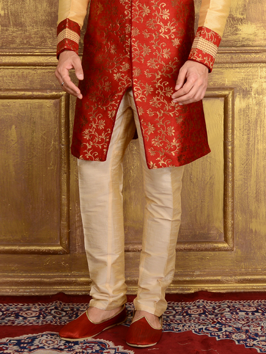 Persian Red and Cream Yellow Jacquard and Brocade Silk Wedding Embroidered Sherwani