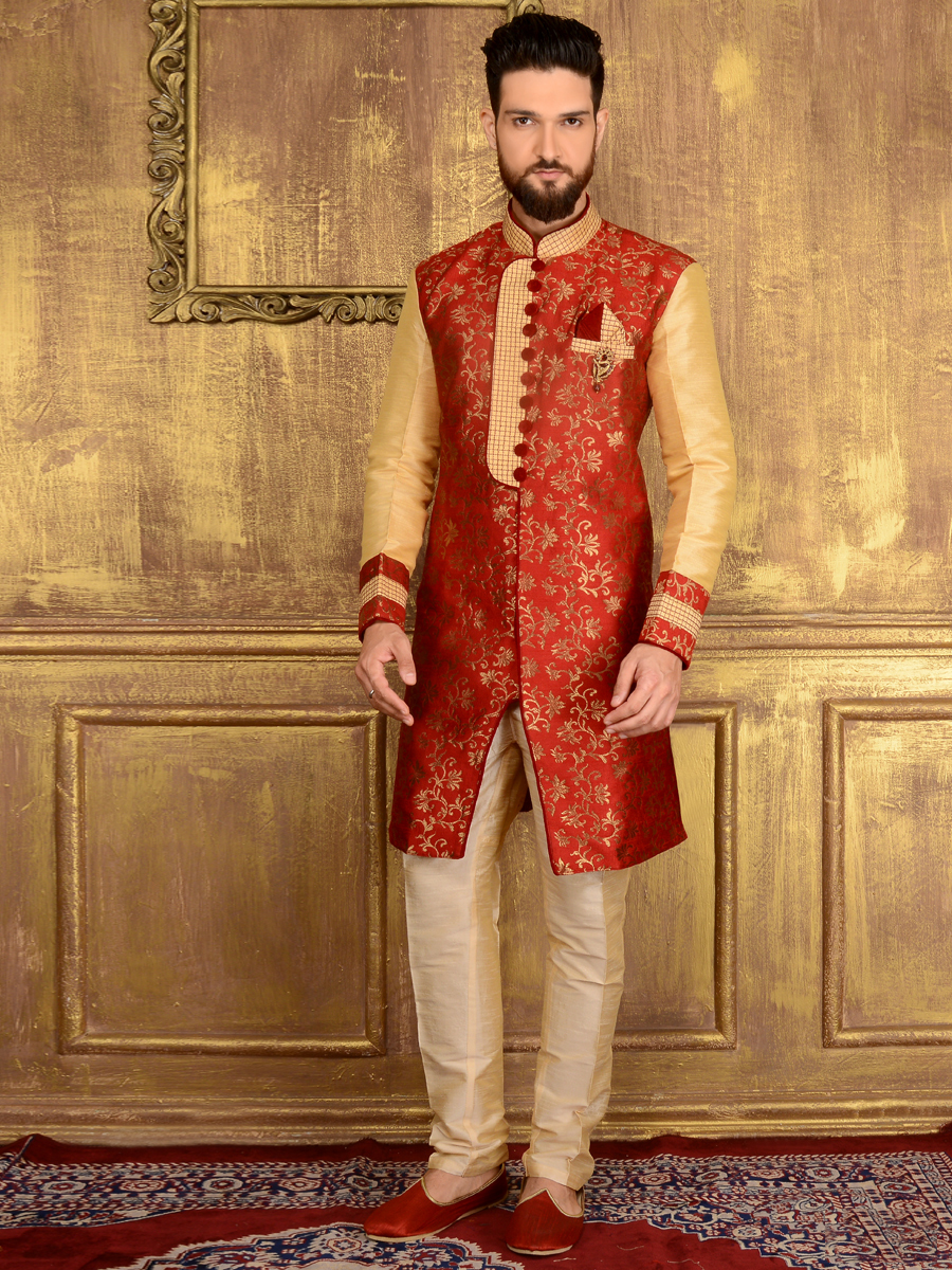 Persian Red and Cream Yellow Jacquard and Brocade Silk Wedding Embroidered Sherwani
