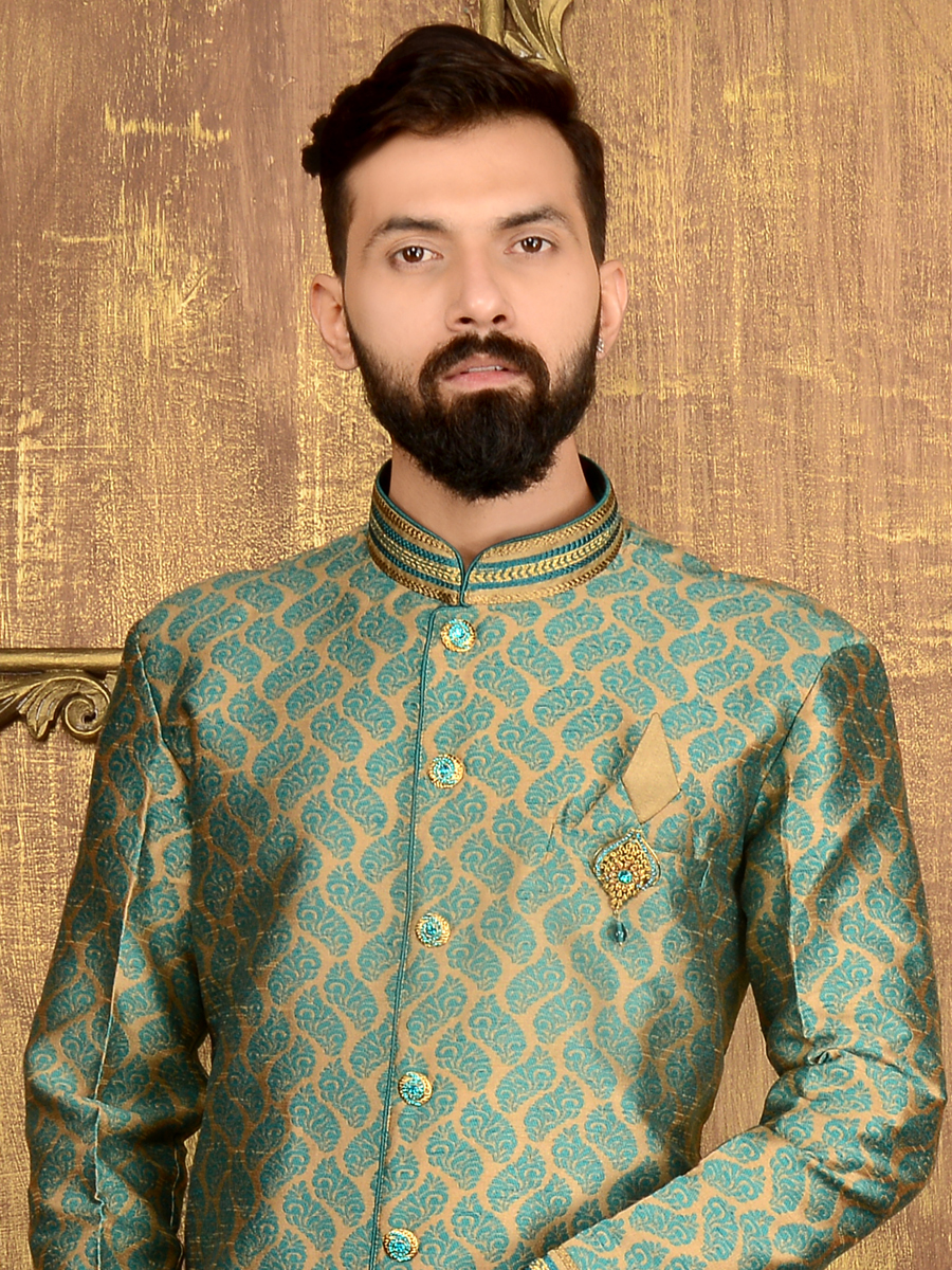 Cream Yellow and Moss Green Jacquard and Brocade Silk Wedding Embroidered Sherwani