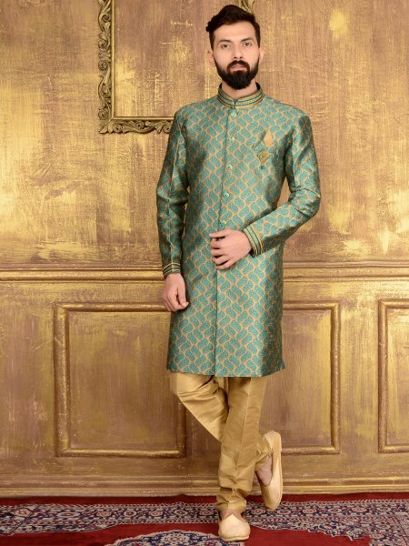 Cream Yellow and Moss Green Jacquard and Brocade Silk Wedding Embroidered Sherwani