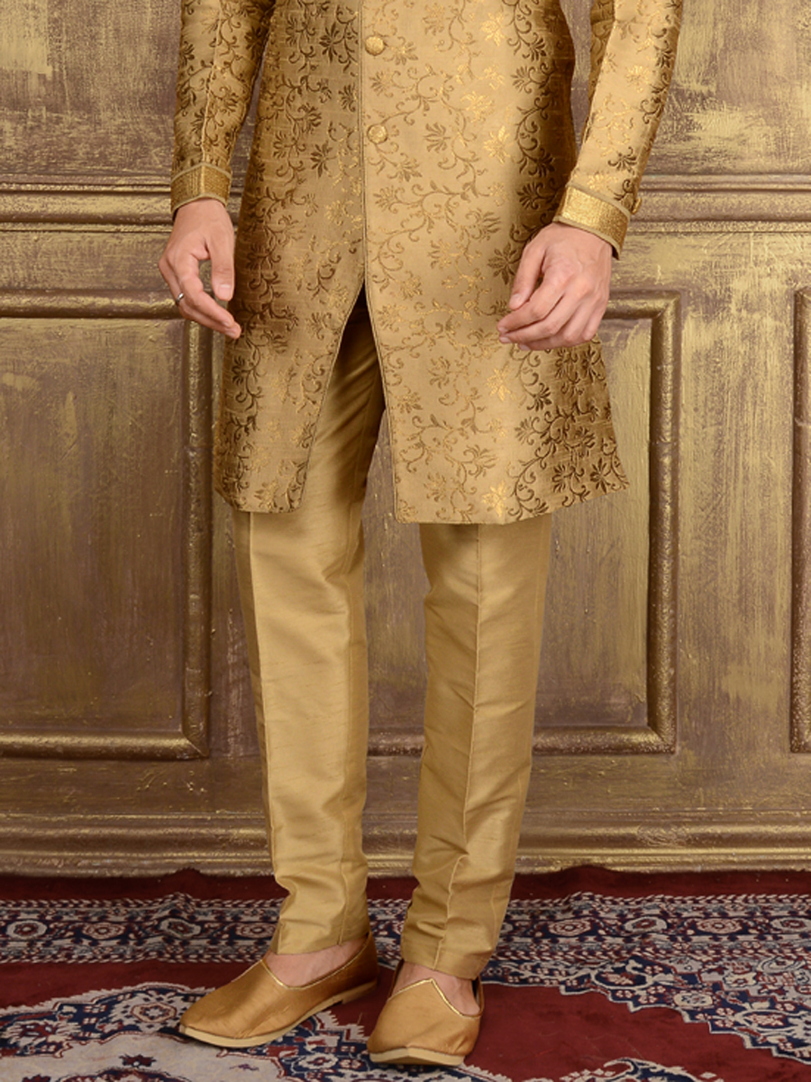 Golden Yellow Jacquard and Brocade Silk Wedding Embroidered Sherwani
