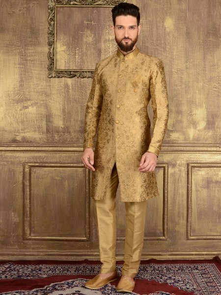 Golden Yellow Jacquard and Brocade Silk Wedding Embroidered Sherwani