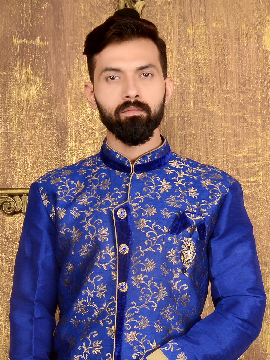Duke Blue Jacquard and Brocade Silk Wedding Embroidered Sherwani
