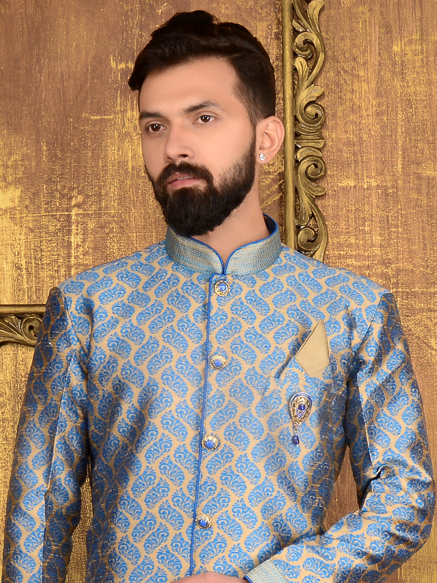 Cornflower Blue Jacquard and Brocade Silk Wedding Embroidered Sherwani