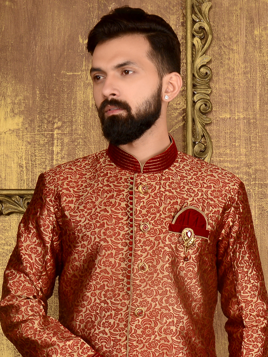 Carnelian Red Jacquard and Brocade Silk Wedding Embroidered Sherwani
