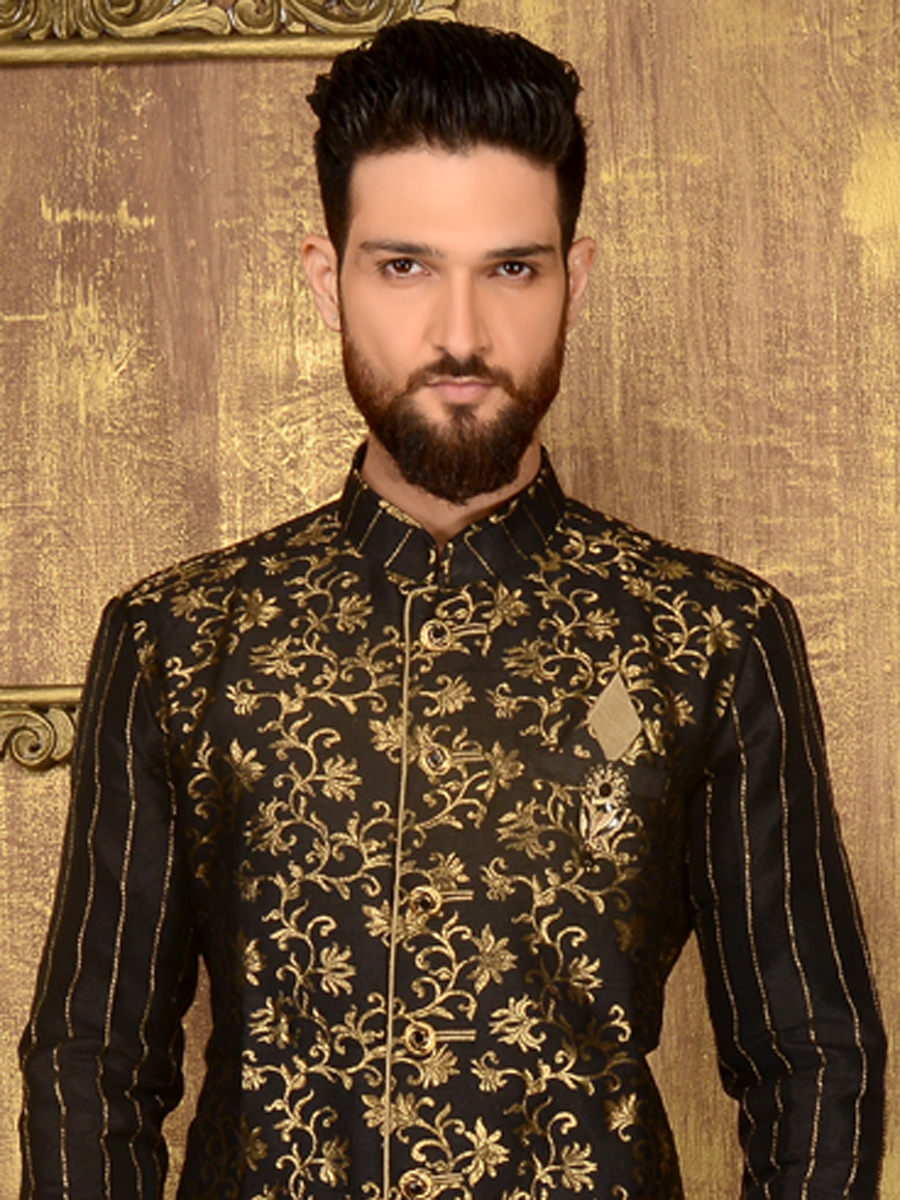 Black Jacquard and Brocade Silk Wedding Embroidered Sherwani