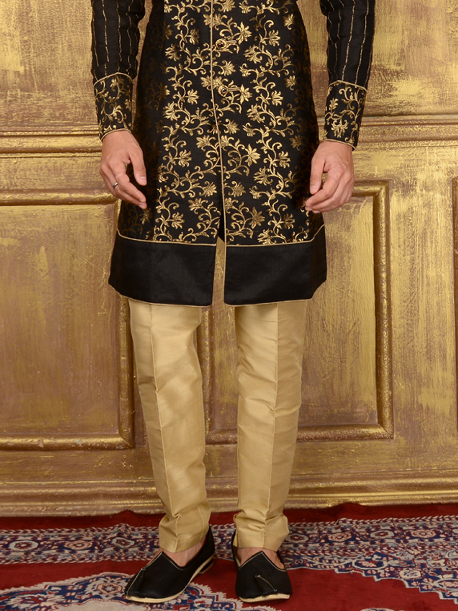 Black Jacquard and Brocade Silk Wedding Embroidered Sherwani