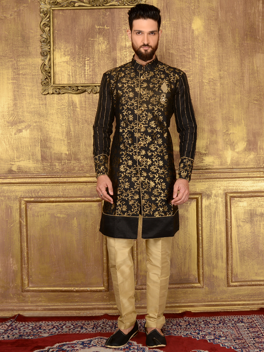 Black Jacquard and Brocade Silk Wedding Embroidered Sherwani