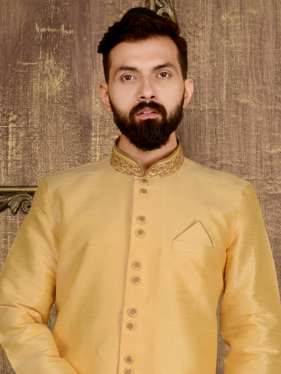 Cream Yellow Art Banarasi Silk Wedding Embroidered Sherwani