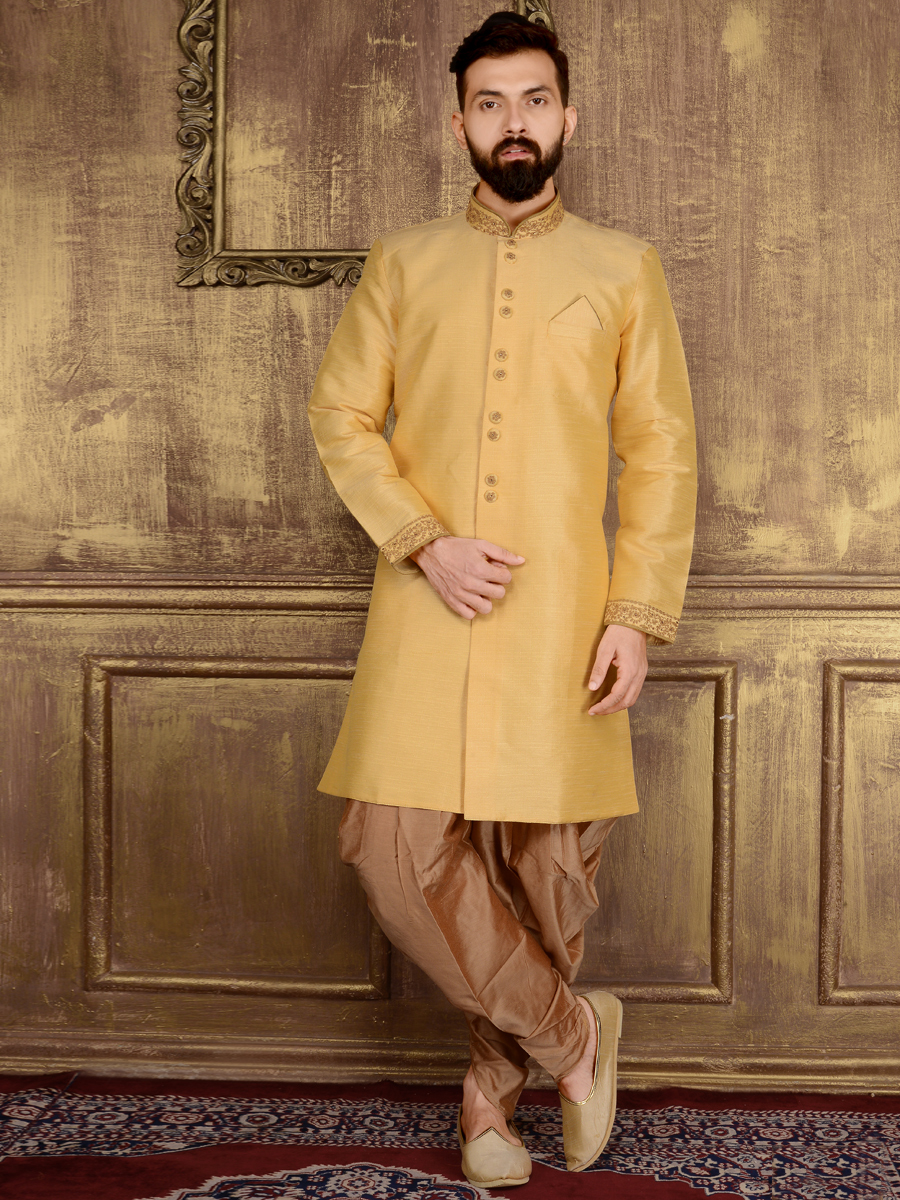 Cream Yellow Art Banarasi Silk Wedding Embroidered Sherwani