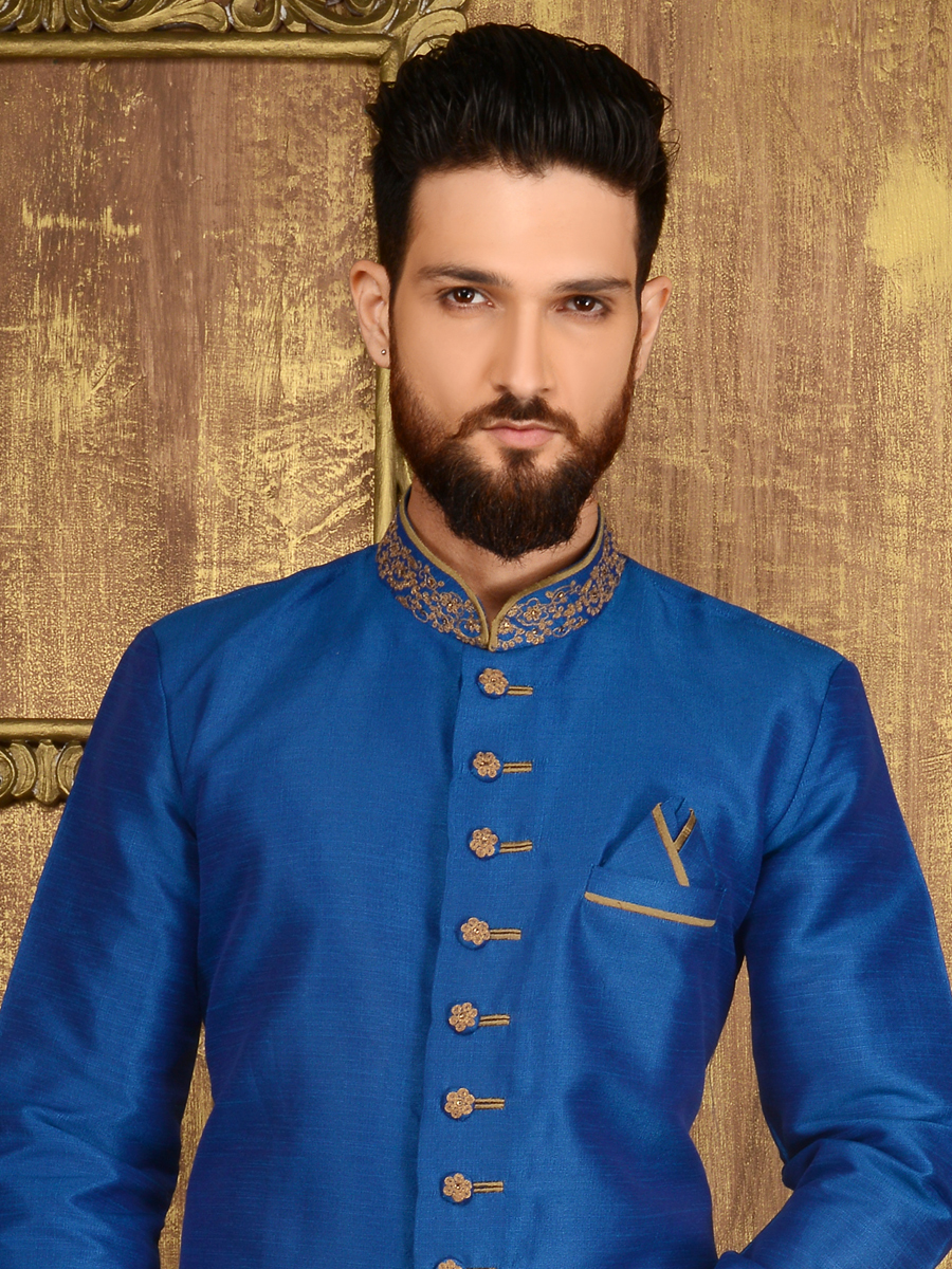 Royal Blue Art Banarasi Silk Wedding Embroidered Sherwani
