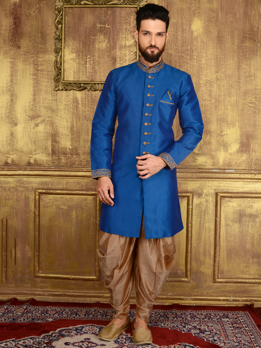 Royal Blue Art Banarasi Silk Wedding Embroidered Sherwani