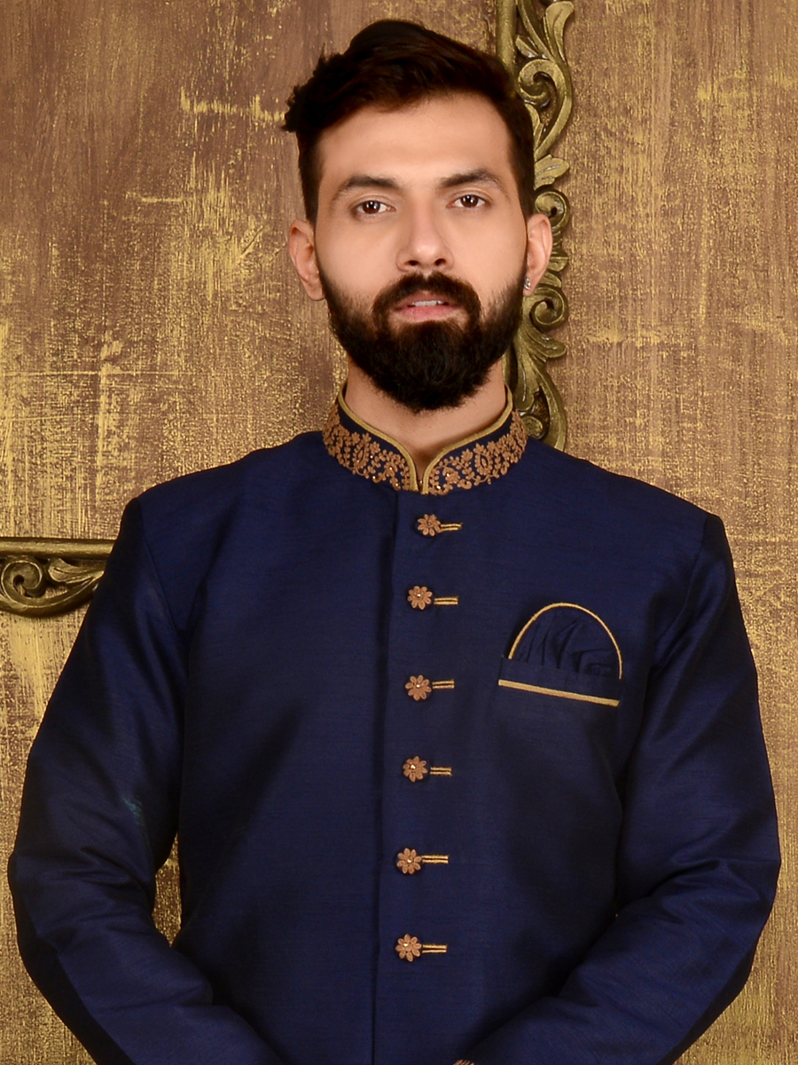 Sapphire Blue Art Banarasi Silk Wedding Embroidered Sherwani