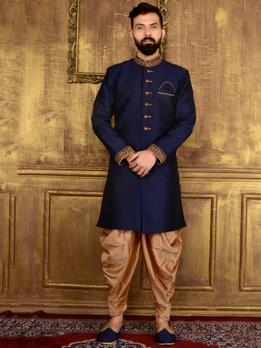 Sapphire Blue Art Banarasi Silk Wedding Embroidered Sherwani