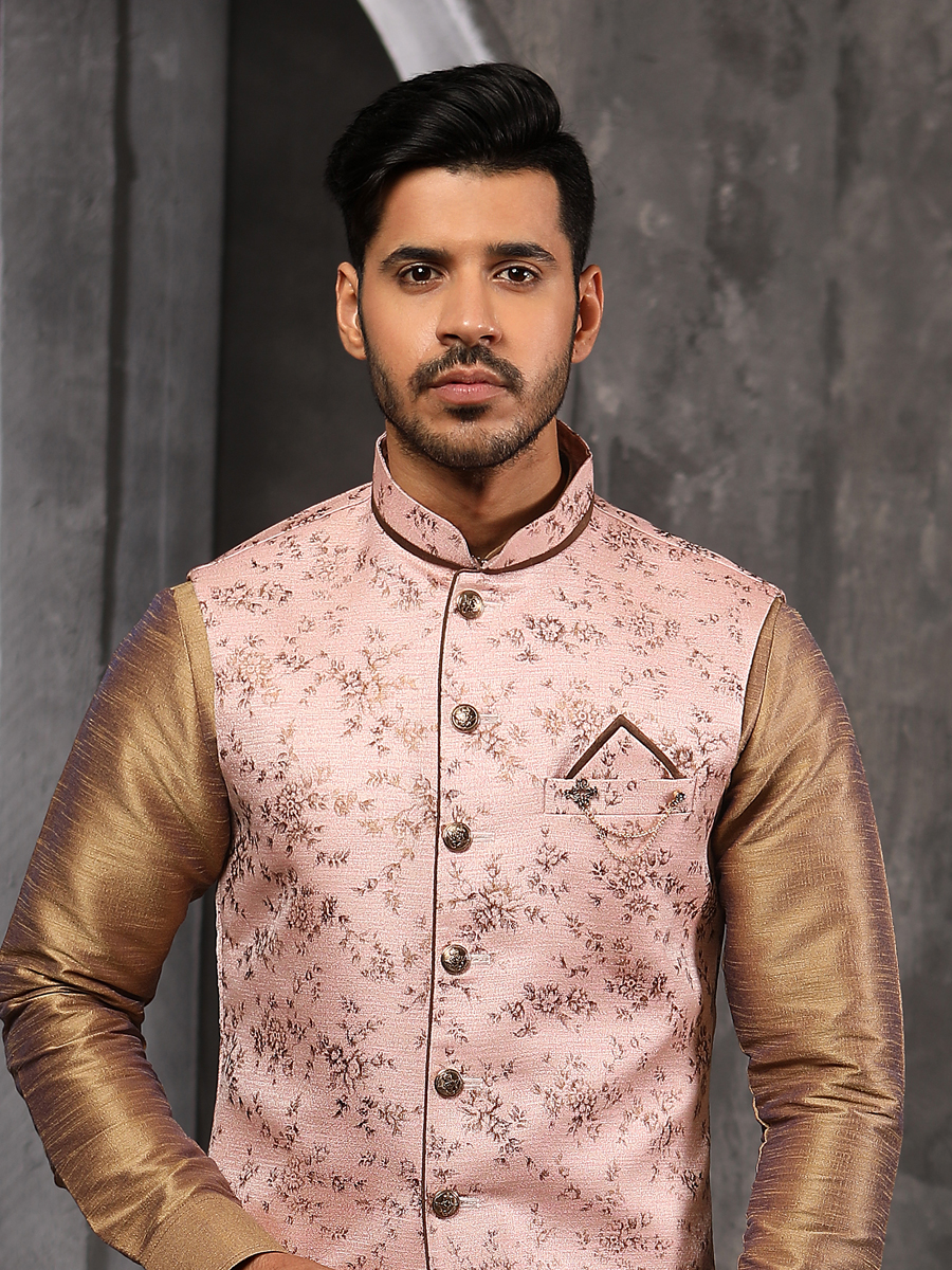 Raw Umber Brown Banarasi Silk Plain Festival Kurta with Waistcoat