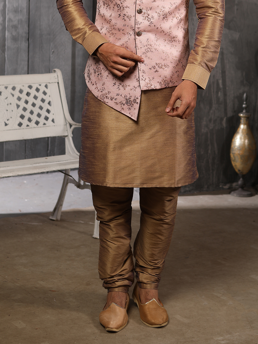 Raw Umber Brown Banarasi Silk Plain Festival Kurta with Waistcoat