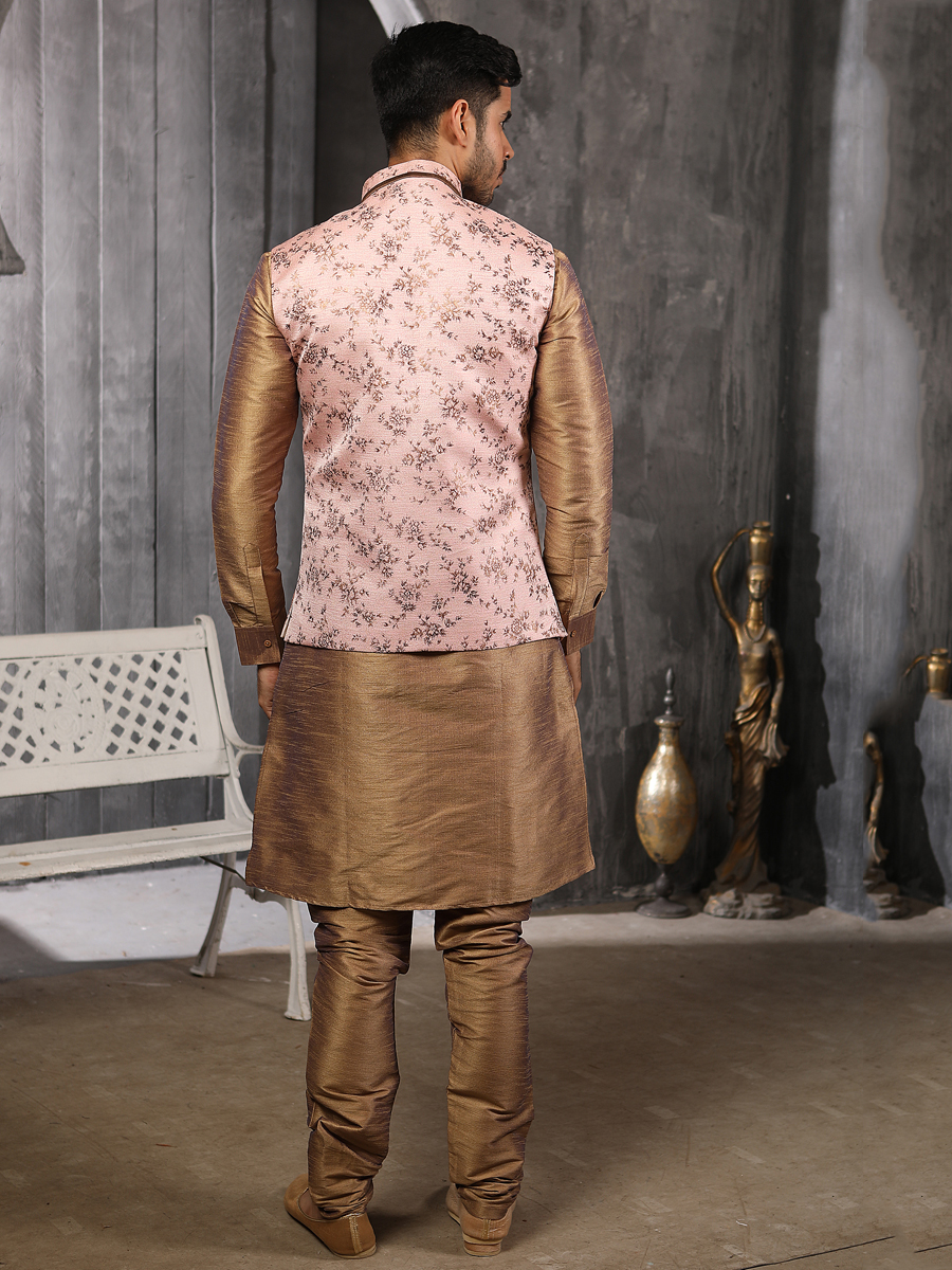 Raw Umber Brown Banarasi Silk Plain Festival Kurta with Waistcoat