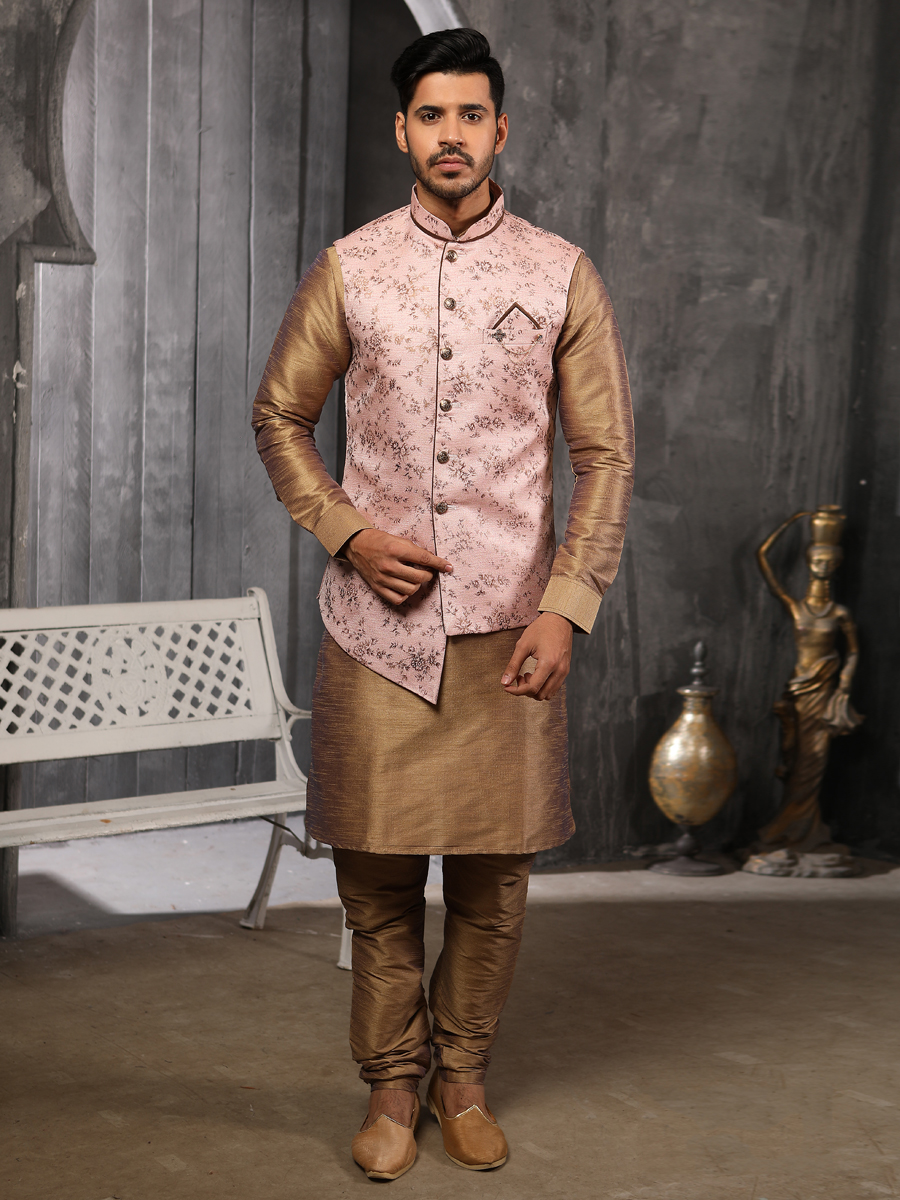 Raw Umber Brown Banarasi Silk Plain Festival Kurta with Waistcoat