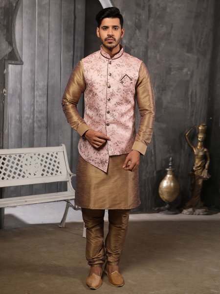 Raw Umber Brown Banarasi Silk Plain Festival Kurta with Waistcoat
