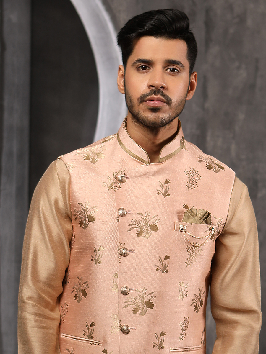 Raw Umber Brown Banarasi Silk Plain Festival Kurta with Waistcoat