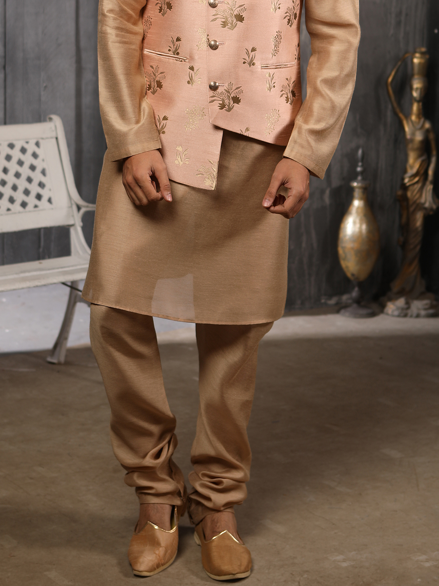 Raw Umber Brown Banarasi Silk Plain Festival Kurta with Waistcoat