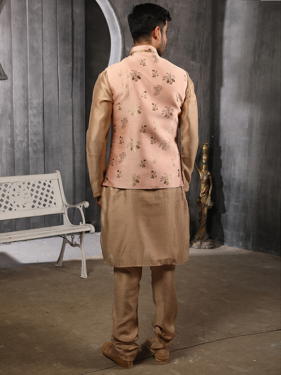 Raw Umber Brown Banarasi Silk Plain Festival Kurta with Waistcoat