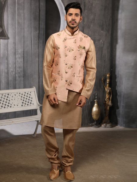 Raw Umber Brown Banarasi Silk Plain Festival Kurta with Waistcoat