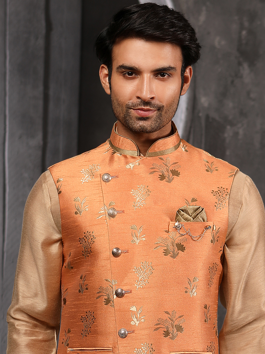 Raw Umber Brown Banarasi Silk Plain Festival Kurta with Waistcoat