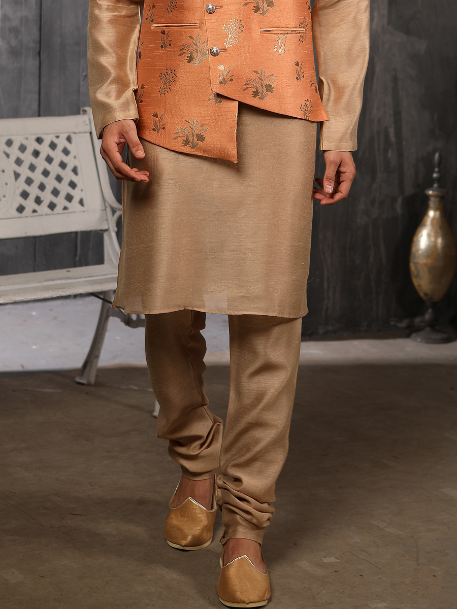 Raw Umber Brown Banarasi Silk Plain Festival Kurta with Waistcoat