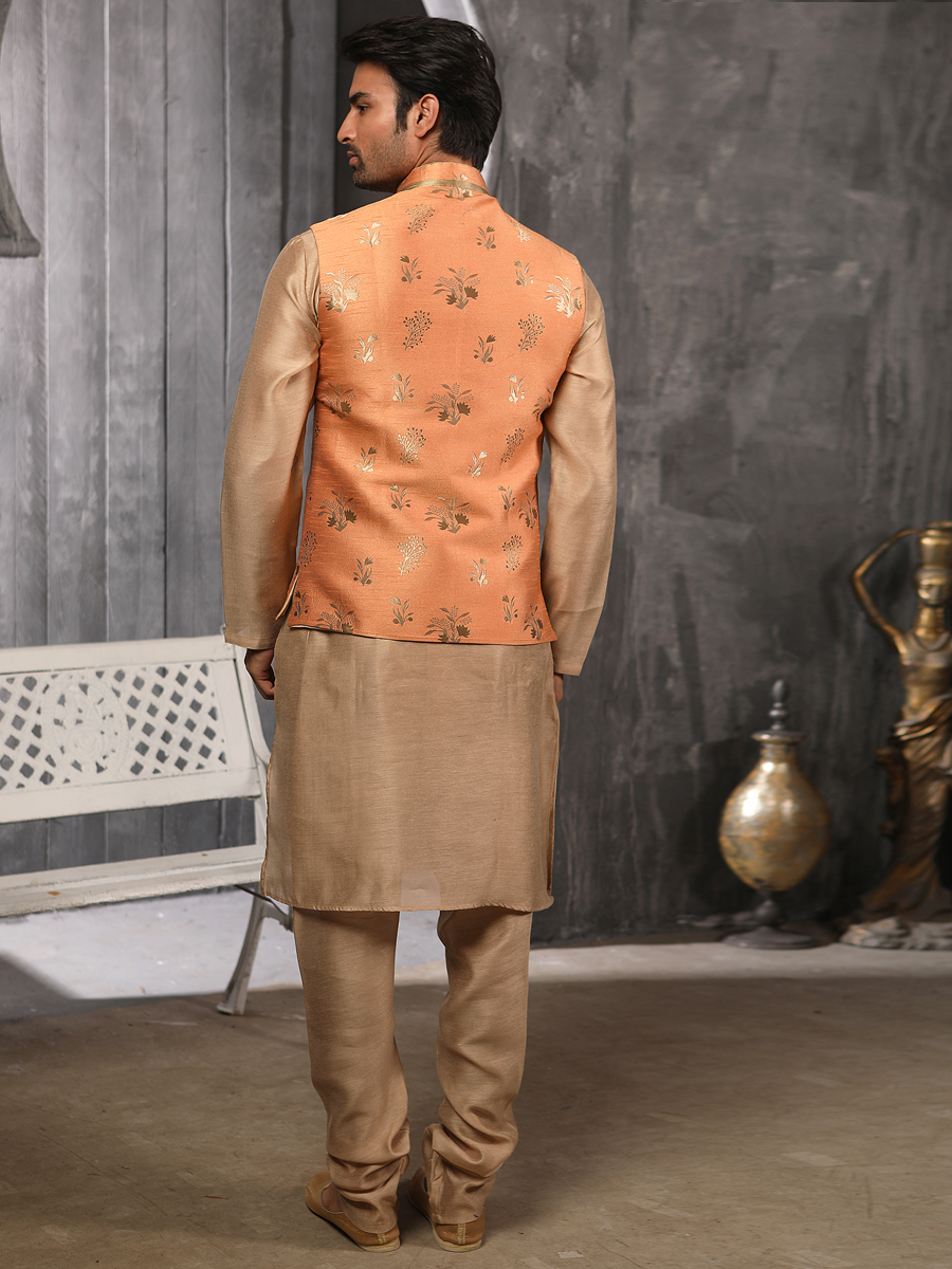 Raw Umber Brown Banarasi Silk Plain Festival Kurta with Waistcoat