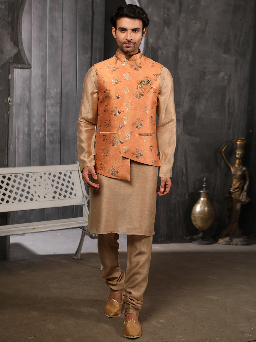 Raw Umber Brown Banarasi Silk Plain Festival Kurta with Waistcoat