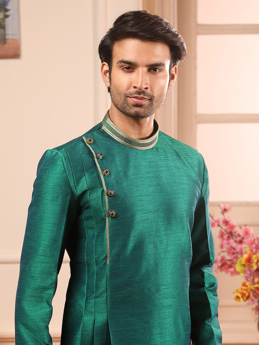 Teal Green Banarasi Silk Plain Festival Kurta