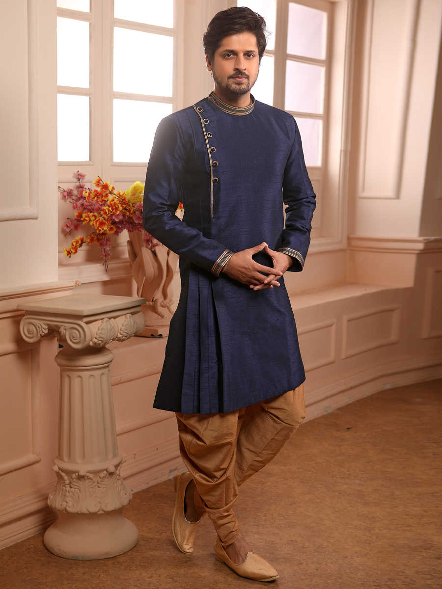 Sapphire Blue Banarasi Silk Plain Festival Kurta