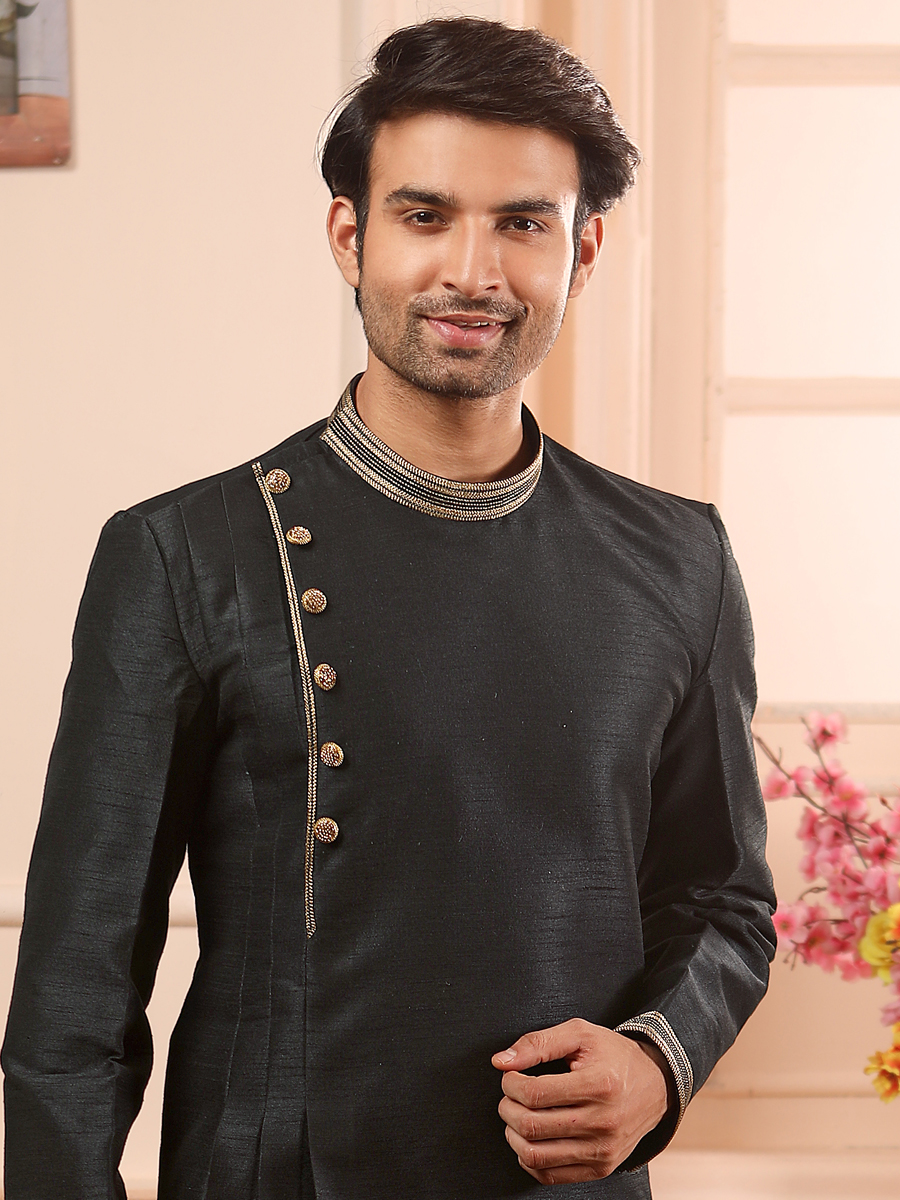 Black Banarasi Silk Plain Festival Kurta