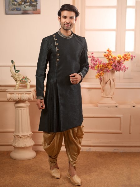 Black Banarasi Silk Plain Festival Kurta