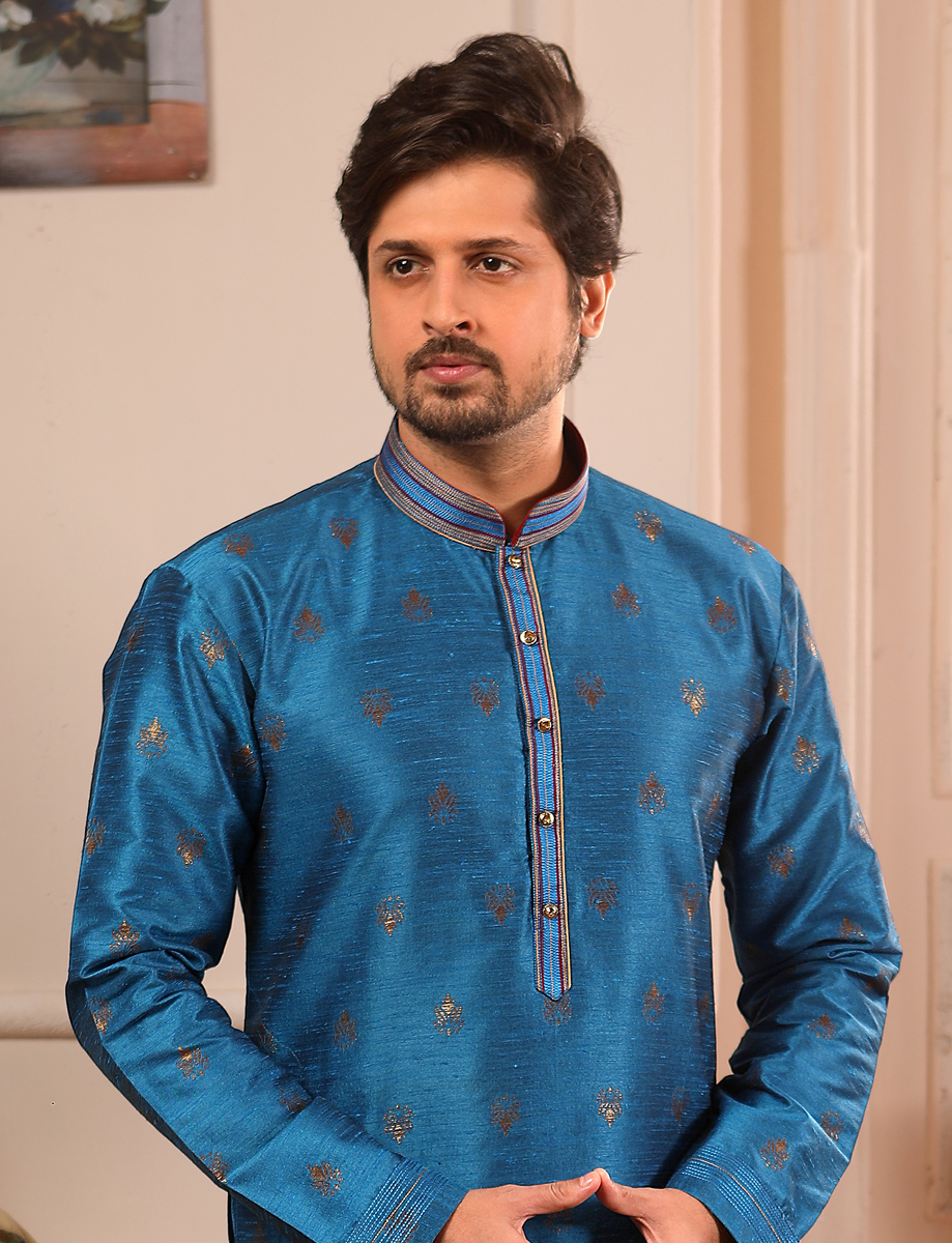Cerulean Blue Jacquard Silk Handwoven Festival Kurta